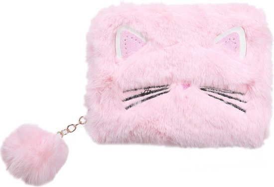 Portemonnee - Fluffy Kitten en Pompon - Ritssluiting - 13x10x2,5 cm - Lichtroze - Dielay