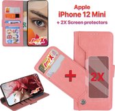 EmpX.nl Apple iPhone 12 Mini Rose Goud Boekhoesje en 2x Screen Protector | Portemonnee Book Case | Met Multi Stand Functie | Kaarthouder Card Case | Beschermhoes Sleeve | Met Pasjeshouder & M