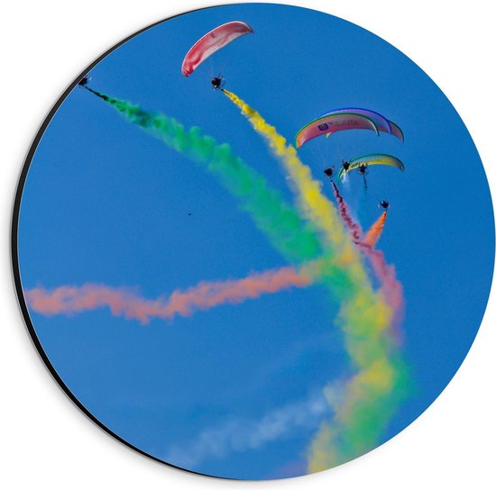 Dibond Wandcirkel - Vliegtuigshow met Gekleurde Rook - 20x20cm Foto op Aluminium Wandcirkel (met ophangsysteem)