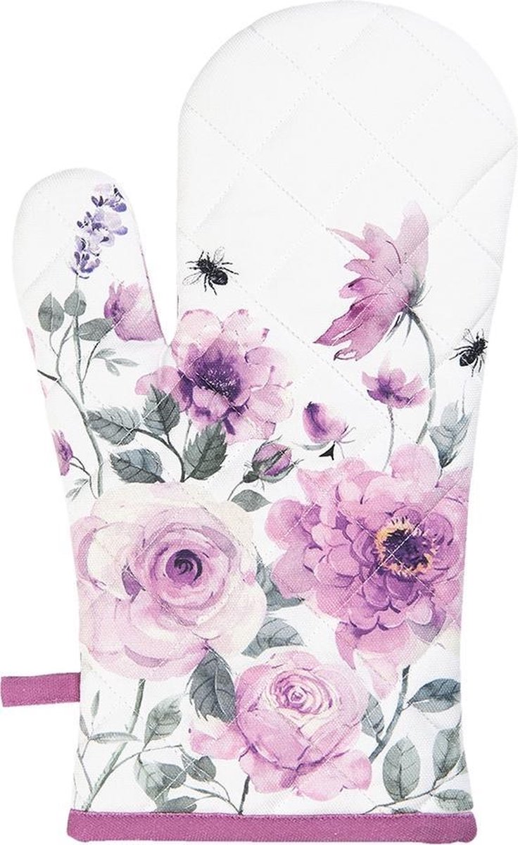 Clayre & Eef Ovenwant 18x30 cm Wit Paars Katoen Rozen Ovenhandschoen