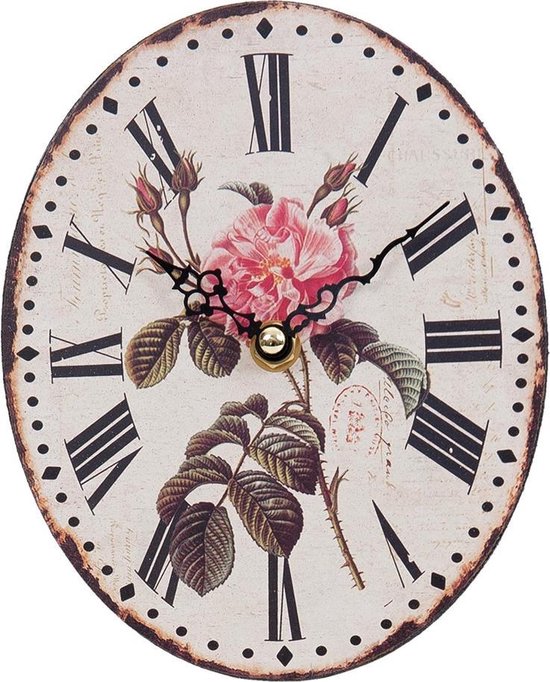 Clayre & Eef Horloge de table 15x18 cm Beige Rose Bois Rond Fleurs Horloge de table intérieures