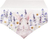 Clayre & Eef Tafelloper 50x160 cm Wit Roze Katoen Lavendel Konijn Tafelkleed