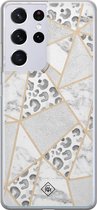 Samsung S21 Ultra hoesje siliconen - Stone & leopard print | Samsung Galaxy S21 Ultra case | Bruin/beige | TPU backcover transparant