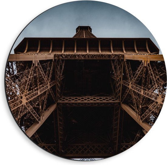 Dibond Wandcirkel - Onderkant van de Eiffeltoren in Parijs  - 40x40cm Foto op Aluminium Wandcirkel (met ophangsysteem)