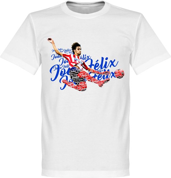 Wit T-shirt met opdruk van João Félix in actie, omringd door zijn naam in tekst. V-hals.