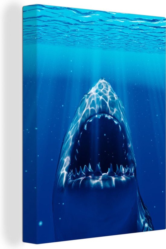 Canvas Schilderij Haai ontbloot zijn tanden - 90x120 cm - Wanddecoratie
