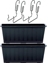 2x Kunststof Agro plantenbakken/bloembakken antraciet grijs 6,5 liter met ophangbeugels - Balkonbakken