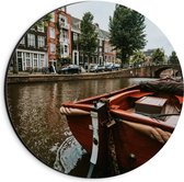 Dibond Wandcirkel - Bootje in de Amsterdamse Grachten - 20x20cm Foto op Aluminium Wandcirkel (met ophangsysteem)