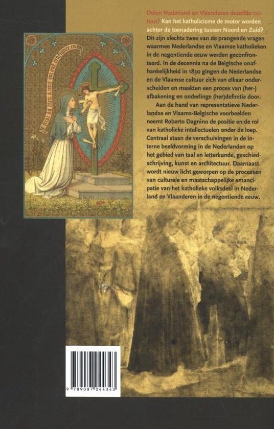 Boekrug met religieuze illustratie en tekst in het Nederlands. De titel is "Twee leeuwen, een kruis".