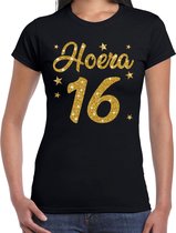 Hoera 16 jaar verjaardag cadeau t-shirt - goud glitter op zwart - dames - cadeau shirt M