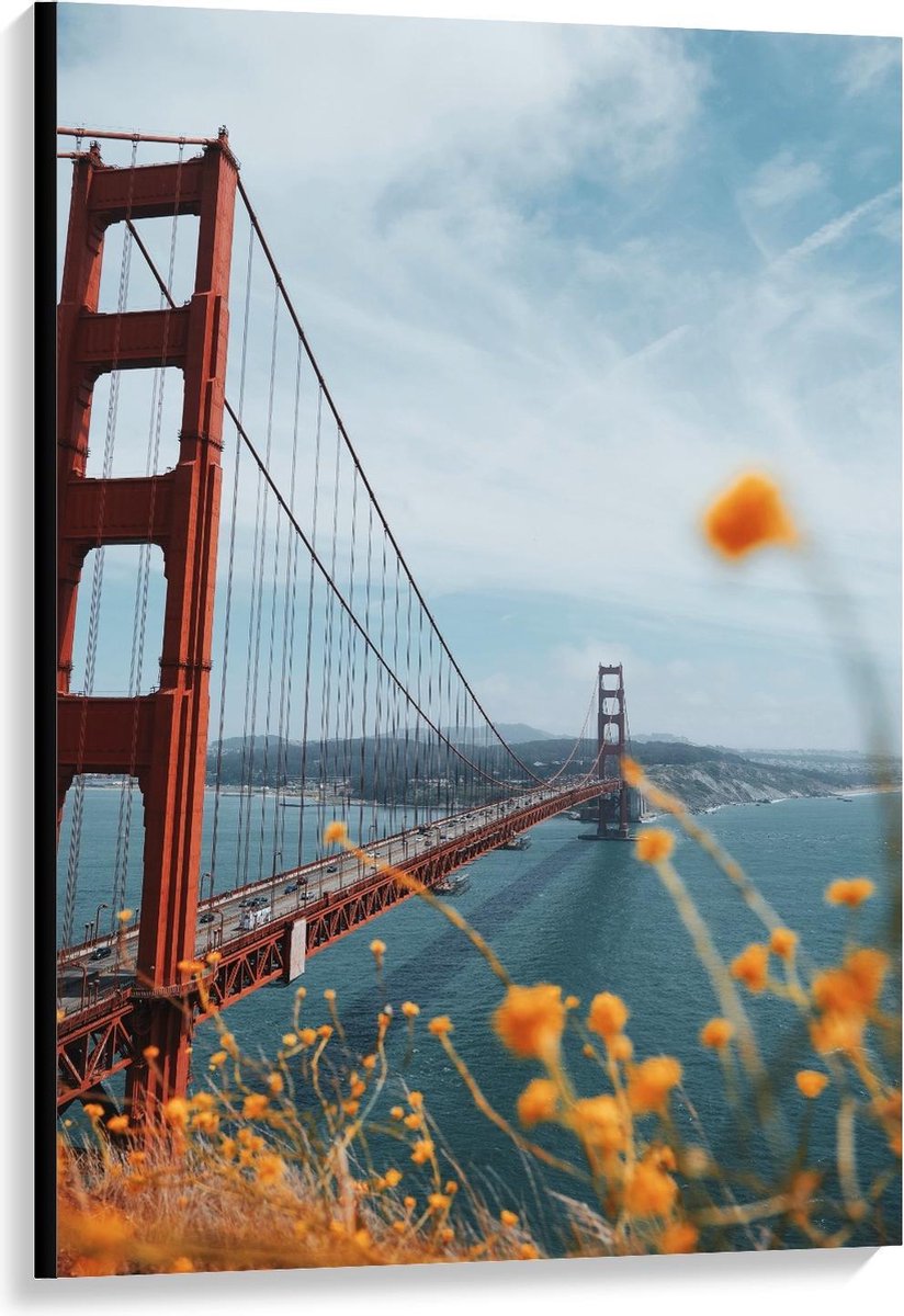 KuijsFotoprint Canvas - Golden Gate Bridge in Californië - 80x120cm Foto op Canvas Schilderij (Wanddecoratie op Canvas) Blauw