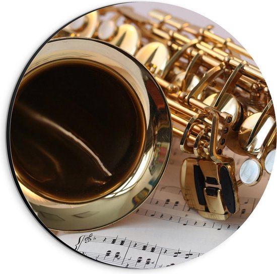 Dibond Wandcirkel - Saxofoon met Muziek Boekje - 20x20cm Foto op Aluminium Wandcirkel (met ophangsysteem)