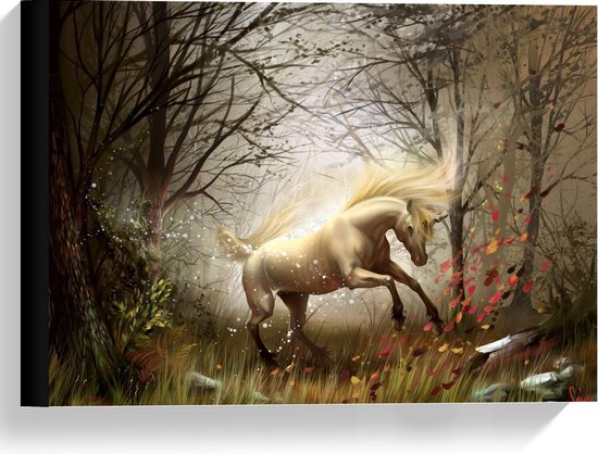 Canvas  - Wit Paard in Magisch Bos - 40x30cm Foto op Canvas Schilderij (Wanddecoratie op Canvas)