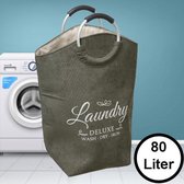 Decopatent® XL Wasmand 80L - Tekst Deluxe Laundry -> Wash Dry Iron - Waszak met handvat - Grote Badkamer Wasmand - Velours - Kaki