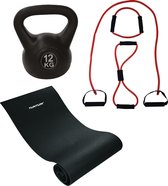 Tunturi - Fitness Set - Kettlebell 12 kg - Fitnessmat 160 x 60 x 0,7 cm - Tubing Set Rood