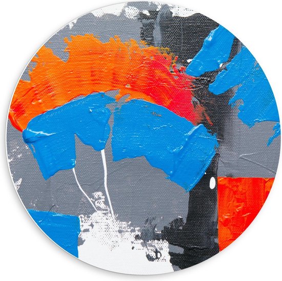 Forex Wandcirkel - Oranje/Blauwe/Grijze Abstracte Kunst - 60x60cm Foto op Wandcirkel (met ophangsysteem)