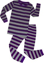 Elowel - Jongen en Meises Gestreepte Pyjama, 2 Delig, 100% Katoen, Comfortabel, Slim fit Broek | 4 Jaar | Paars en grijs