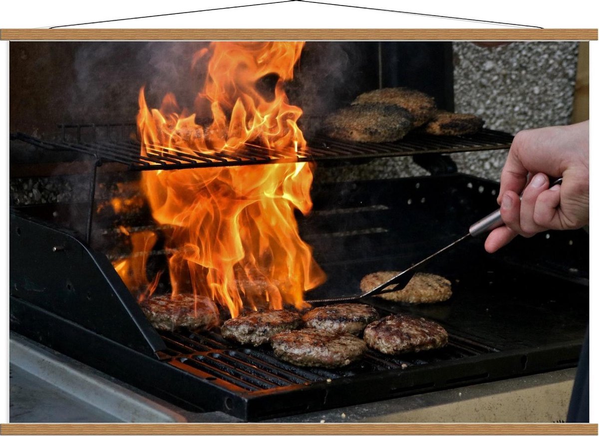 Schoolplaat – Burgers en Vuur op de Barbecue - 120x80cm Foto op Textielposter (Wanddecorat