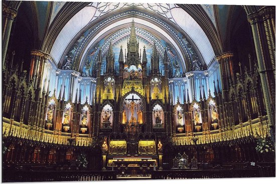 Dibond - Binnenkant Notre-Dame van Montreal - 90x60cm Foto op Aluminium (Met Ophangsysteem)
