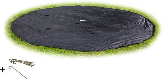 Zwarte trampoline afdekhoes met groene EXIT logo, inclusief bevestigingshaken.