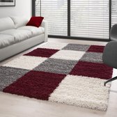 Shaggy Tapijt Geruit Design Claret Rood Grijs Wit