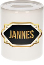 Jannes naam cadeau spaarpot met gouden embleem - kado verjaardag/ vaderdag/ pensioen/ geslaagd/ bedankt