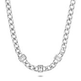 Twice As Nice Halsketting in edelstaal, brede gourmet ketting, 3 rechthoekige kristallen  45 cm+5 cm