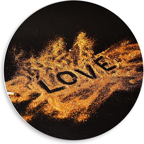 Forex Wandcirkel - Gouden Glitters 'Love' Ingeschreven - Foto op Wandcirkel (met ophangsysteem)