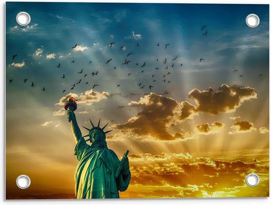 Tuinposter – Vrijheidsbeeld met Zon en Vogels - 40x30cm Foto op Tuinposter  (wanddecoratie voor buiten en binnen)