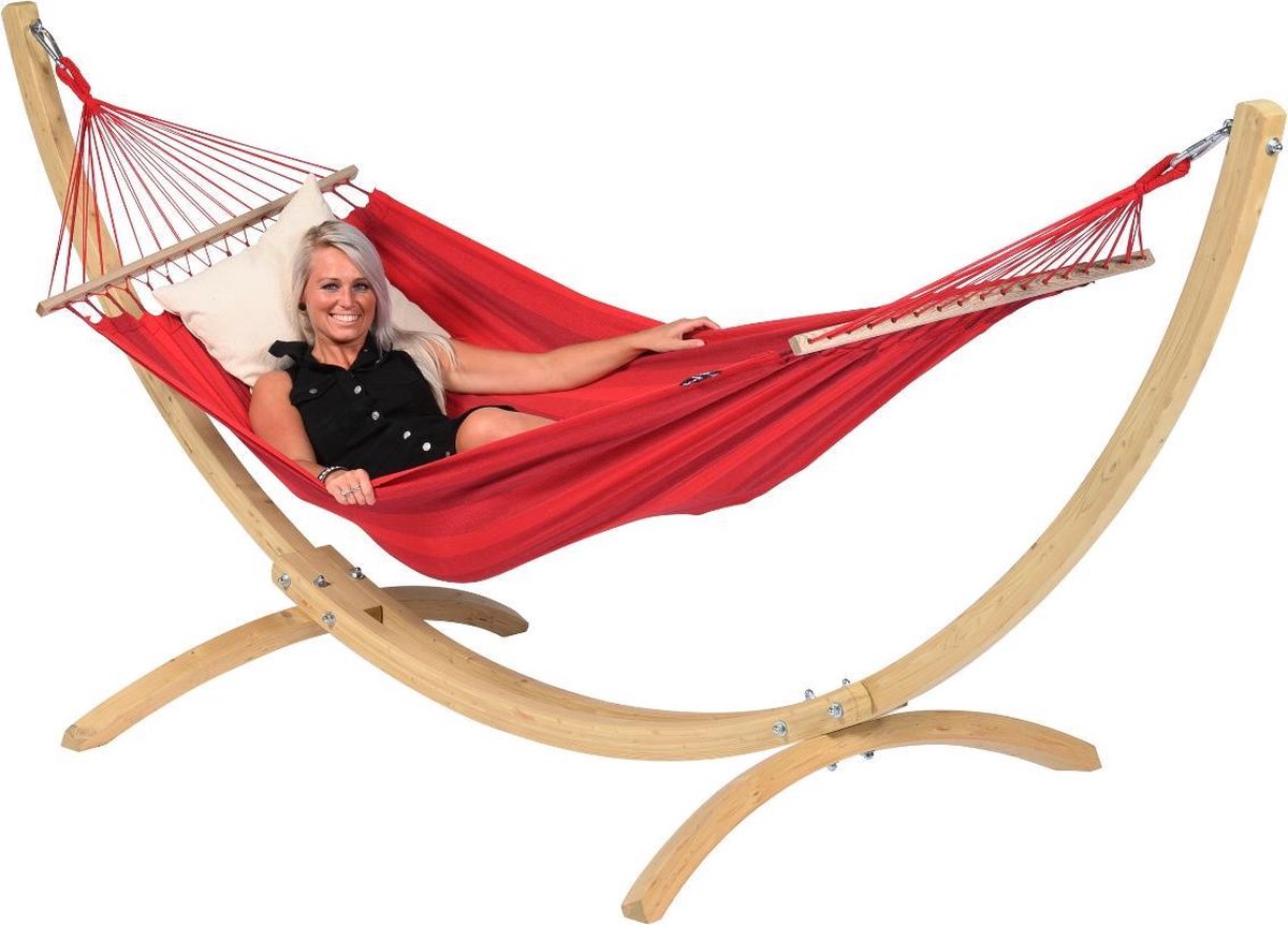 Tropilex Hangmat met Standaard Eénpersoons 'Wood & Relax' Red | Complete hangmatset | Bevestiging inclusief | 120 KG | 352 CM | Polycotton + Vurenhout (FSC Mix) | 1% For The Planet |