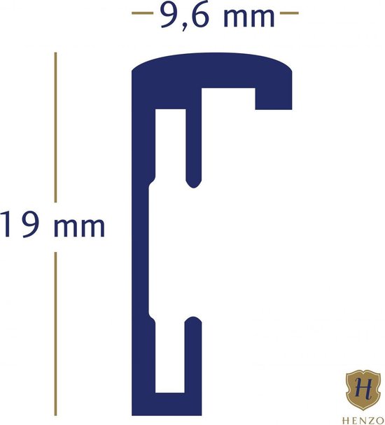 Profiel van een zwart aluminium lijstprofiel van 19 mm hoog en 9,6 mm breed, met Henzo logo.
