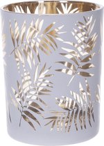 Theelichthouders/waxinelichthouders glas antiek wit/goud bladerenprint 12,5 cm - Windlichtjes/kaarsenhouders