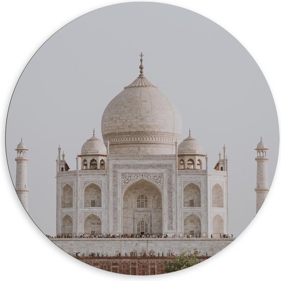 Dibond Wandcirkel -  Mausoleum Taj Mahal met Grijze Lucht - 120x120cm Foto op Aluminium Wandcirkel (met ophangsysteem)