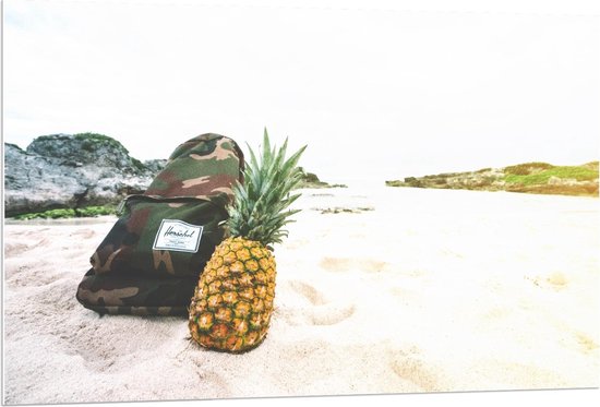 Forex - Ananas met Legerprint Rugzak op het Strand - 120x80cm Foto op Forex