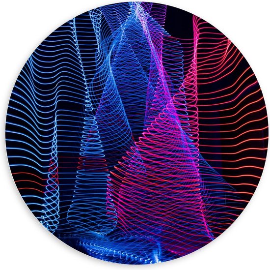 Forex Wandcirkel - Abstracte Blauw met Roze Lichtgevende Strepen - 100x100cm Foto op Wandcirkel (met ophangsysteem)