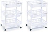 2x stuks opberg trolley/roltafel/organizer met 3 manden 40 x 30 x 61,5 cm wit/wit - Etagewagentje/karretje met opbergkratten