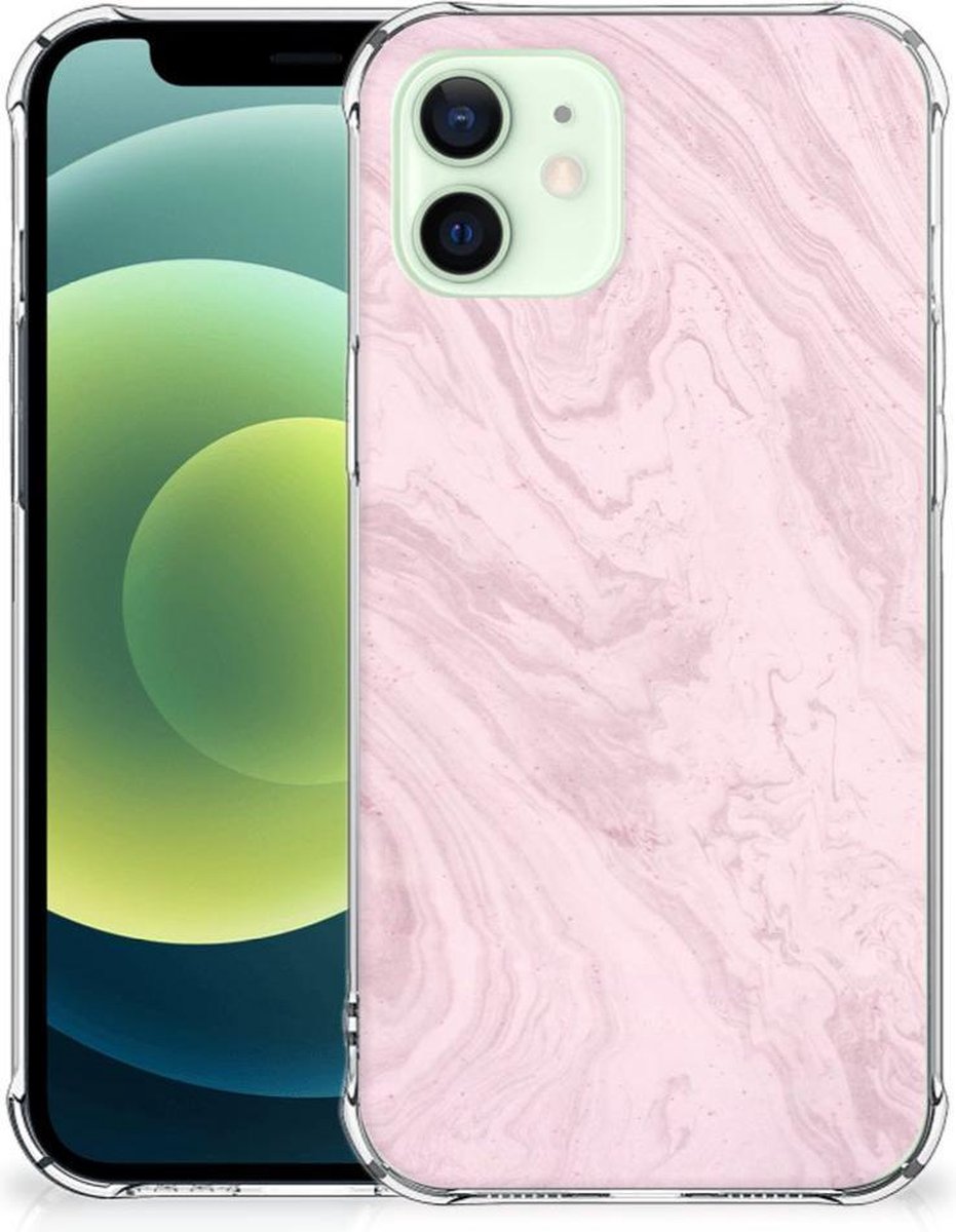 iPhone 12 Mini Anti-Shock Hoesje Marble Pink - Origineel Cadeau Vriendin