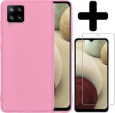 Samsung A12 Hoesje Siliconen Case Hoes Met Screenprotector - Roze