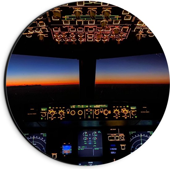 Dibond Wandcirkel - Cockpit van Vliegtuig met Zonsondergang - 20x20cm Foto op Aluminium Wandcirkel (met ophangsysteem)