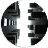 Dibond Wandcirkel - Gebouwen van Onder (Zwart Wit) - 80x80cm Foto op Aluminium Wandcirkel (met ophangsysteem)