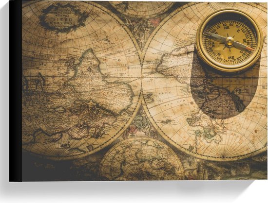 Canvas  - Kompas op oude Wereldkaart - 40x30cm Foto op Canvas Schilderij (Wanddecoratie op Canvas)