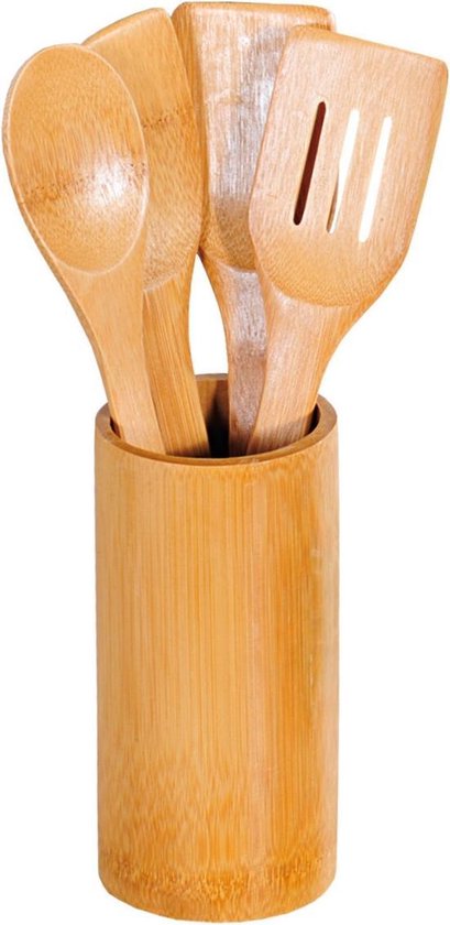 Bamboe houten keukengerei set spatels en in ronde houder - Spatels en pollepels | bol.com