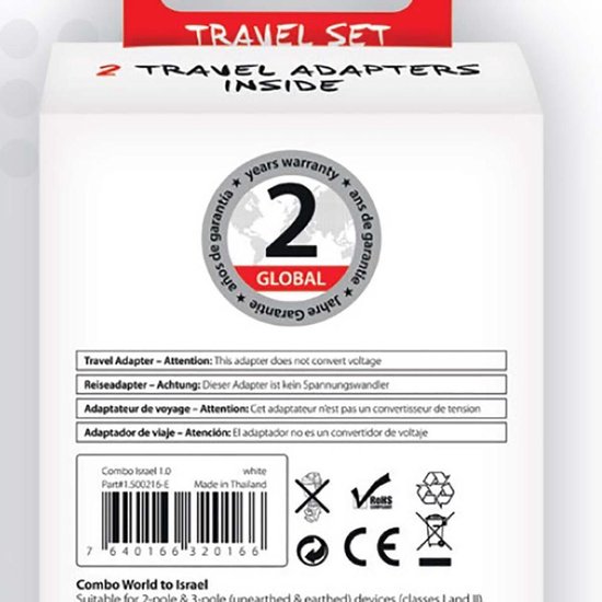 Doos met '2 TRAVEL ADAPTERS INSIDE' en "2 years global warranty" in meerdere talen.