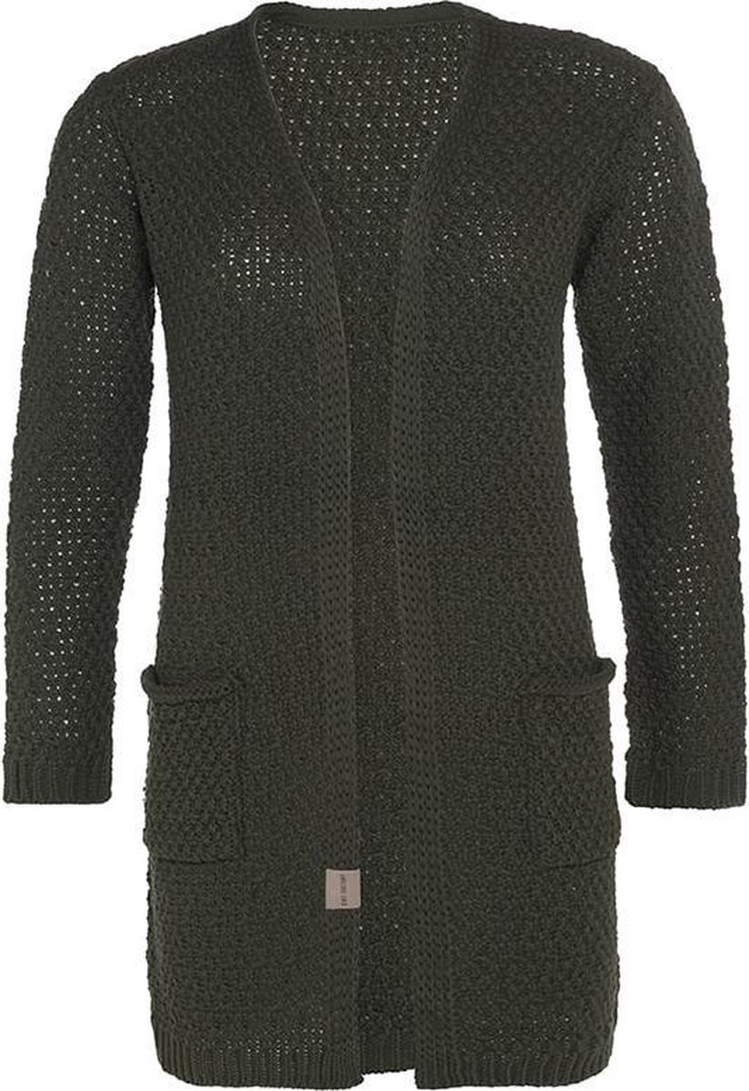 Knit Factory Luna Gebreid Vest Khaki - Gebreide dames cardigan - Middellang vest reikend tot boven de knie - Donkergroen damesvest gemaakt uit 30% wol en 70% acryl - 36/38 - Met steekzakken