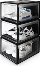 SNEAKER BOX - 3 Schoenenboxen - Schoenen opbergsysteem met klep - Organizer - Schoenenkast - Schoenenrek  - Stapelbaar - Transparant / Zwart