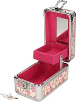 Beautycase met roze hartjes en extra vakje 9 x 16 x 14 cm - Make up koffers - Sieradenkist/juwelenkist