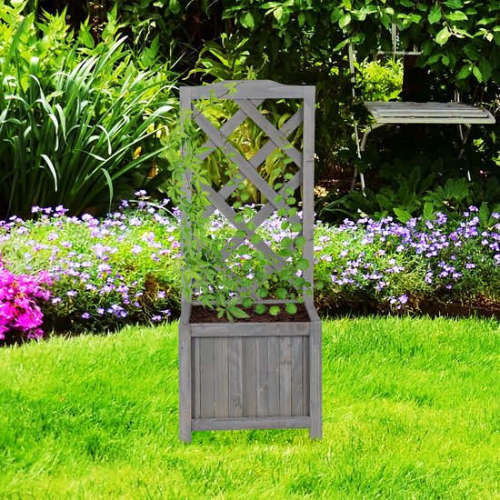 plantenbak met klimrek - hout - 20 liter - plantensteun 90 cm - buiten - grijs