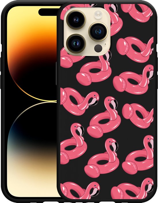 Geschikt voor Apple iPhone 14 Pro Max Hoesje Zwart Inflatable Flamingos