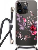Case Company® - Coque pour iPhone 14 Pro avec cordon - Belles fleurs - Coque pour téléphone avec cordon Zwart - Protection Extra sur tous les côtés et sur le bord de l'écran