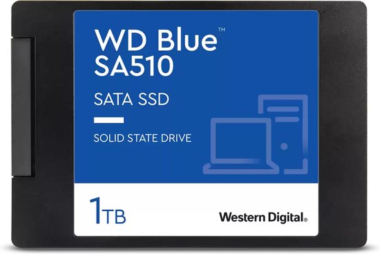 Zwarte 1TB WD Blue SA510 SATA SSD Solid State Drive met blauw etiket.